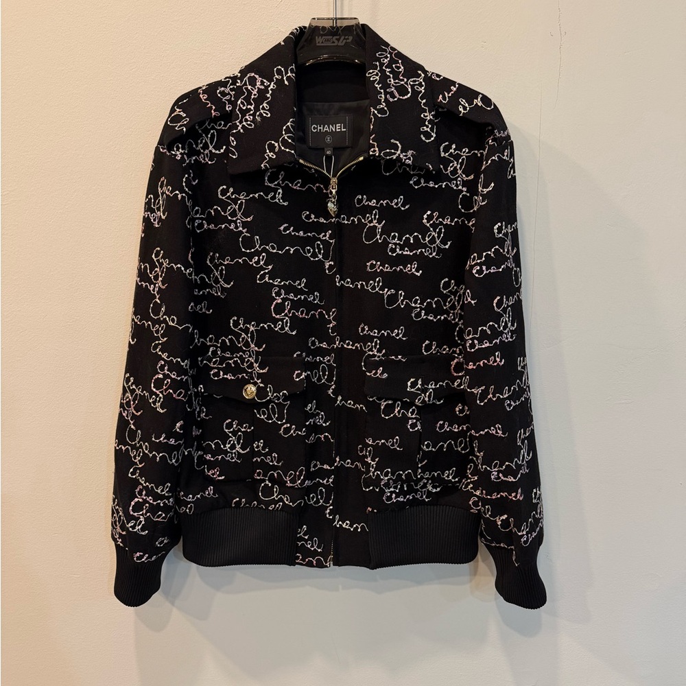 Chanel Black and White Script Bomber Jacket